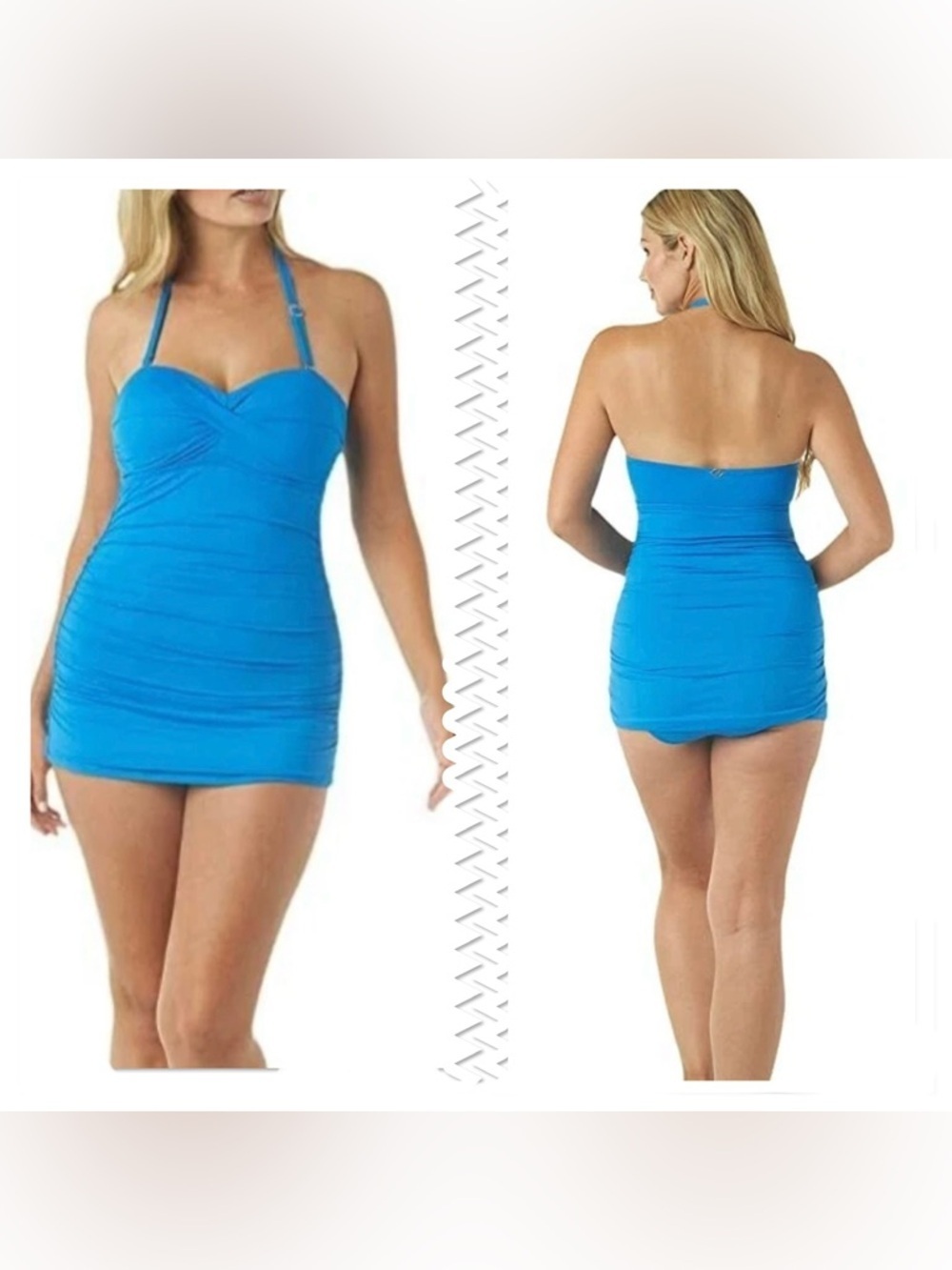 Jantzen Dive Blue Cascade Solid Bandeau Vamp One-Piece Swimsuit Size 12